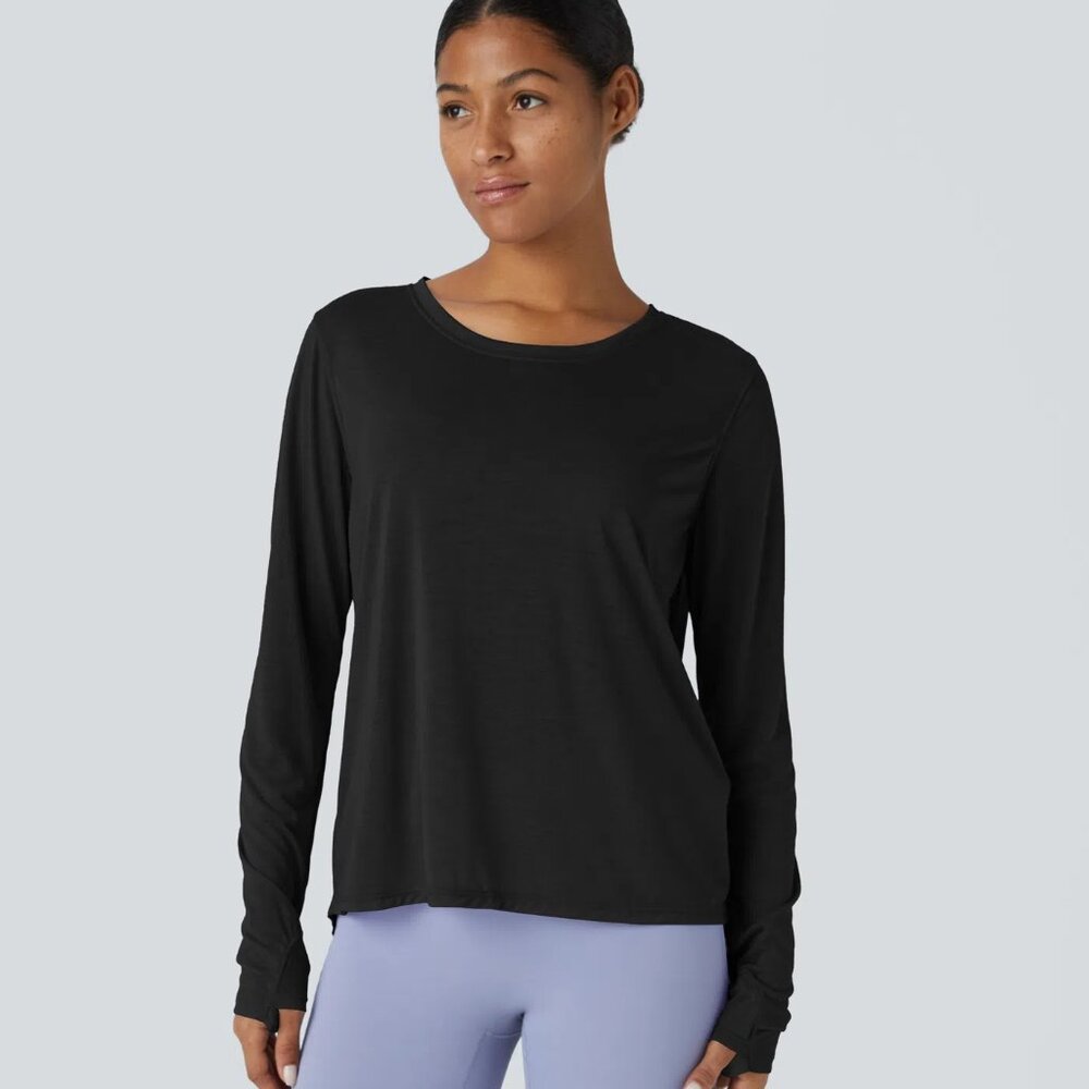 HALARA Black Split Tie Back Long Sleeve Workout Top NWT - Picture 2 of 9